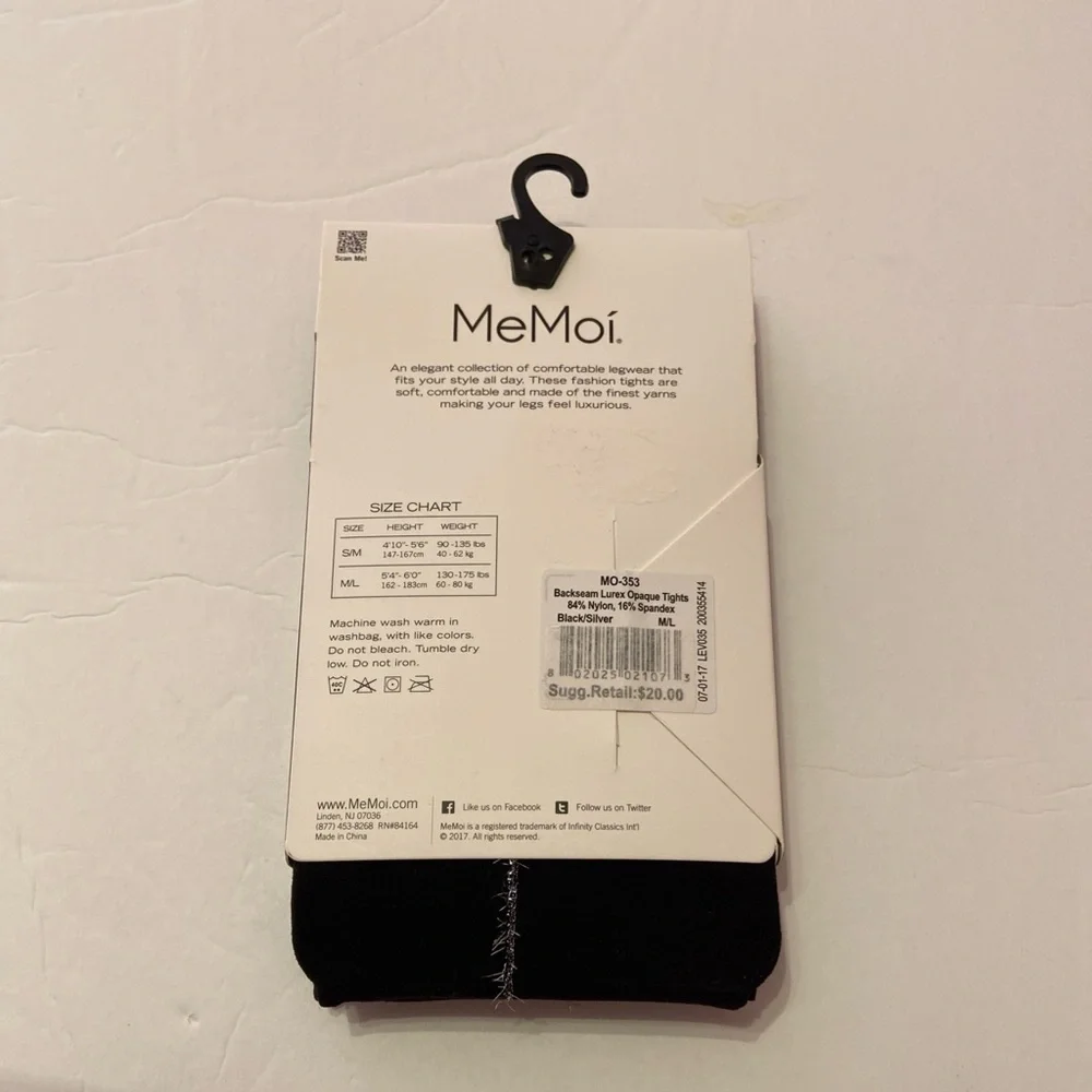 Memoí Fashion Tights with Silver Foil Back Seam Black Size M/L NEW